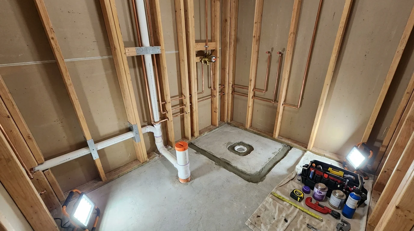 Bathroom rough-in plumbing during remodel by Johns Plumbing LLC in Thomaston