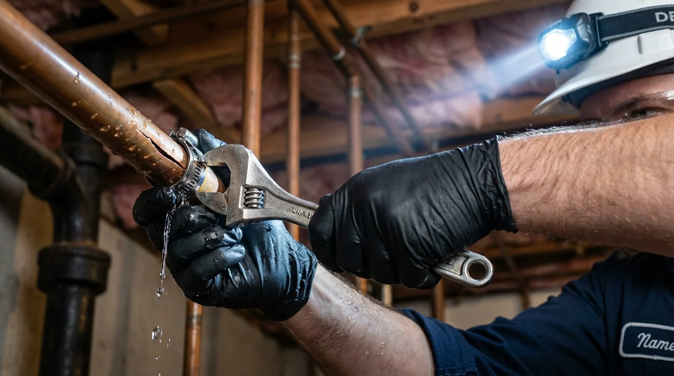 Emergency pipe clamp repair being performed by a Johns Plumbing LLC plumber in Thomaston