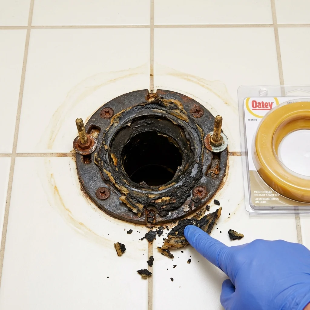 Failed wax ring showing water seepage at the base of a toilet in a Thomaston, GA home