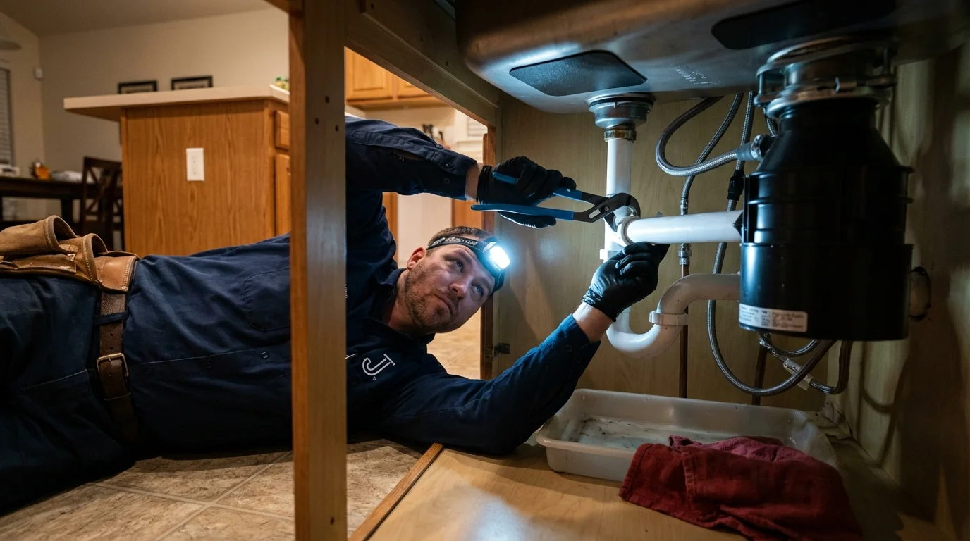 P-trap and supply line connections under a kitchen sink showing a common leak point in Thomaston, GA
